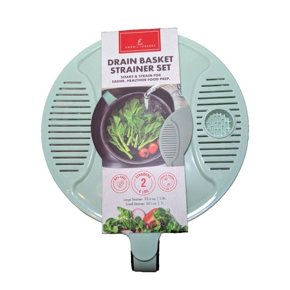 Emeril Lagasse Drain Basket Strainer Set Mint Green Lids BPA Free Plastic NEW